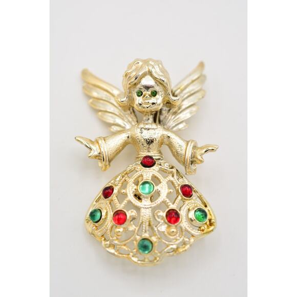 Tancer II Vintage Angel Pin Brooch Red Green Cabochon Christmas Signed Bin5B - Picture 4 of 12